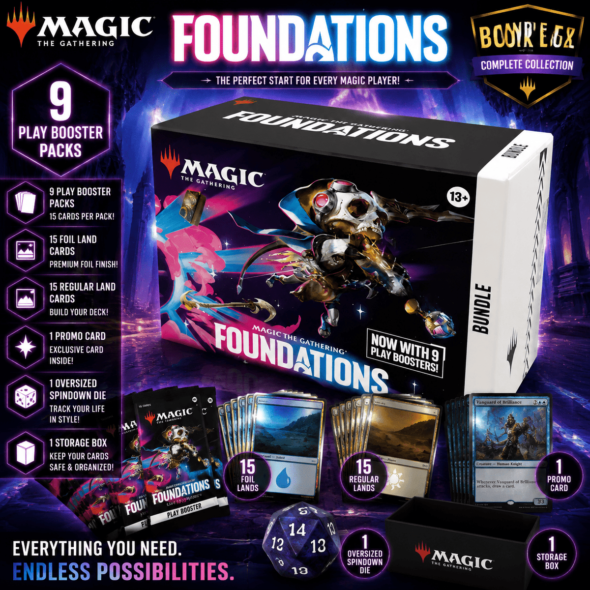 Magic: The Gathering Foundations Bundle Box – Factory Sealed MTG Set, 9 Play Booster Packs, Foil Lands, Promo Card, Spindown Die & Storage Box – Perfect Gift for MTG Players & Collectors