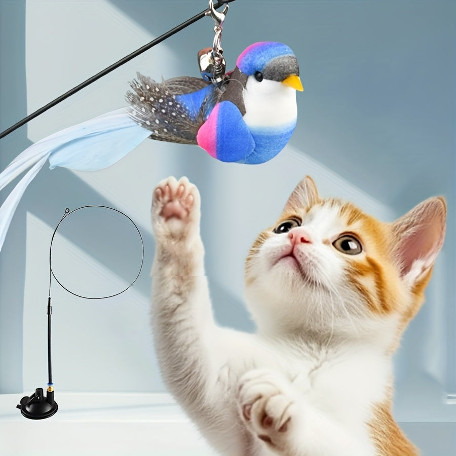 Cat Teaser Wand Toy with Simulation Bird & Suction Cup Base - Interactive Feather Bell Rod Set for Cats Kittens Hunting Exercise Solo Play No Battery Indoor Cat Toy Gift