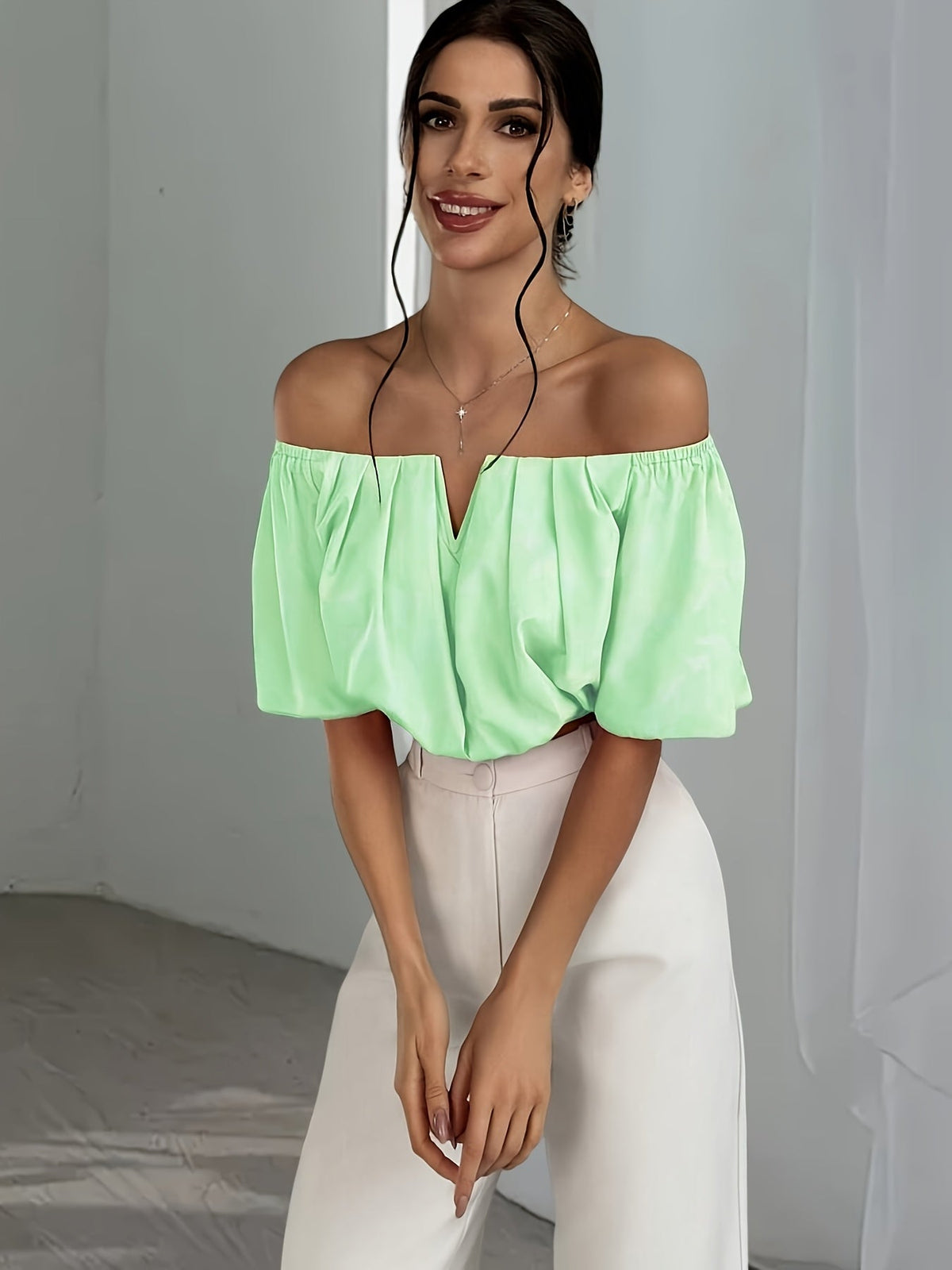Off Shoulder V-Neck Blouse Women Short Sleeve Solid Color Sexy Summer Top | Vacation Party Casual Wear Multiple Colors XS-L