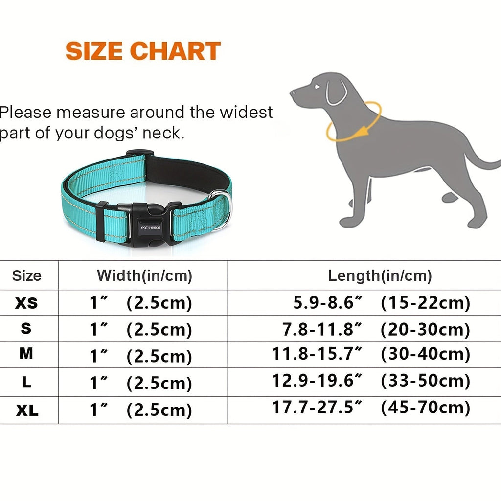 Reflective Dog Collar with Quick-Release Buckle – Soft Neoprene Padded Breathable 1" Striped Dog Collar for Small Medium Large Dogs, Durable Polyester, Sizes XS–XL, 8 Vibrant Colors
