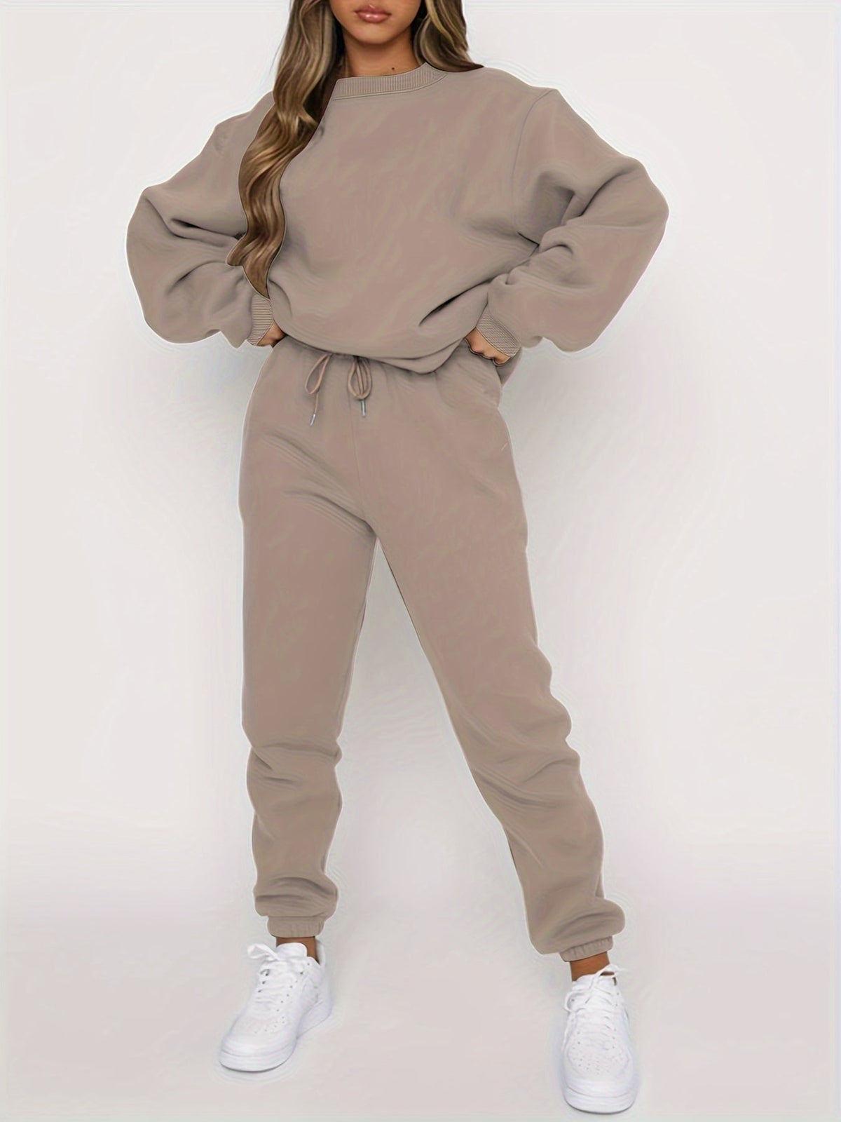 Women's 2 Piece Sweatshirt Pants Set Crew Neck Pullover Elastic Waist Drawstring Jogger Casual Lounge Suit Beige Grey Black Navy Coffee S-XXL