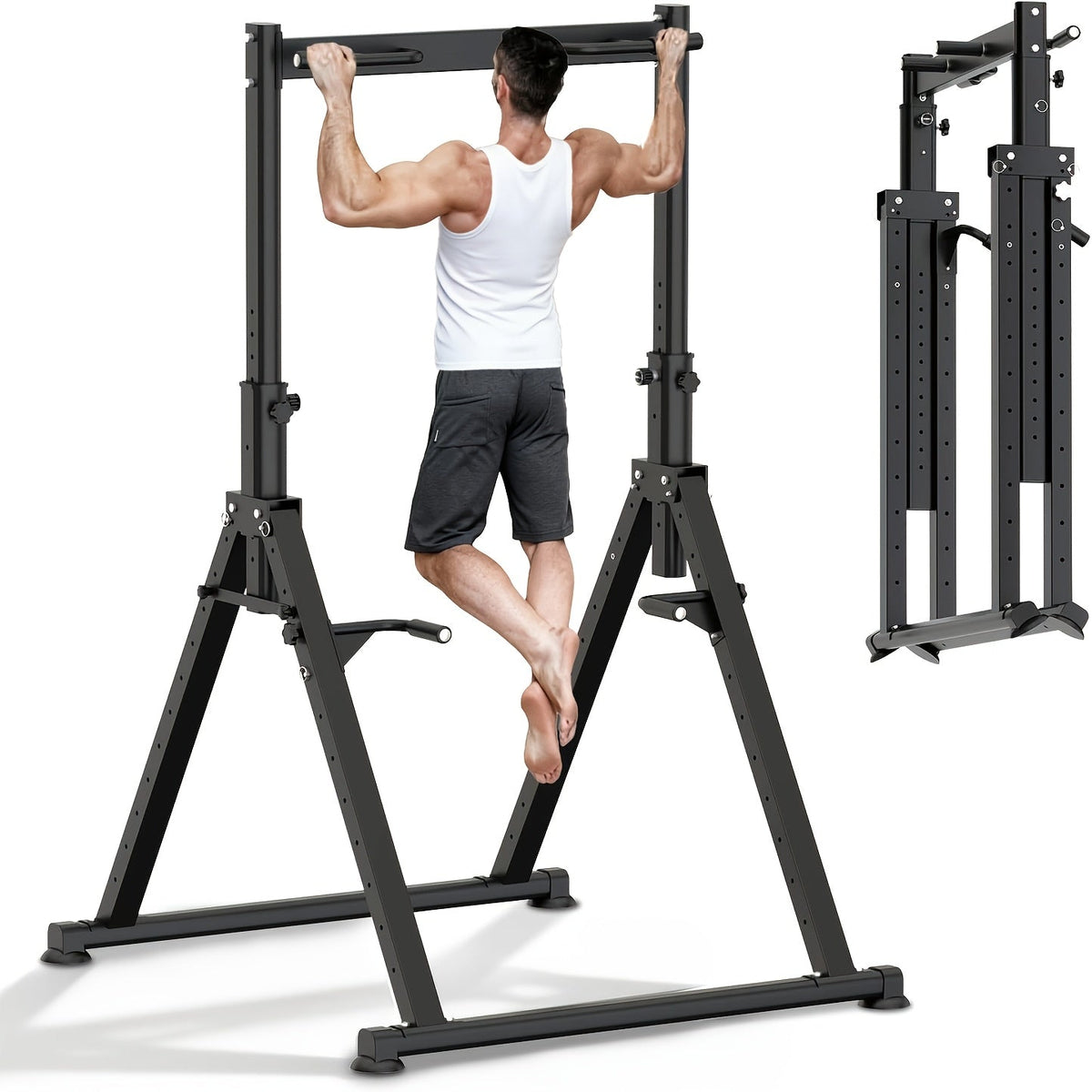 Power Tower Pull Up Bar Dip Station – Adjustable Height 50"-90.6" 330LBS Multi-Function Strength Training Equipment for Men & Women Home Gym, Free Elastic Bands Included