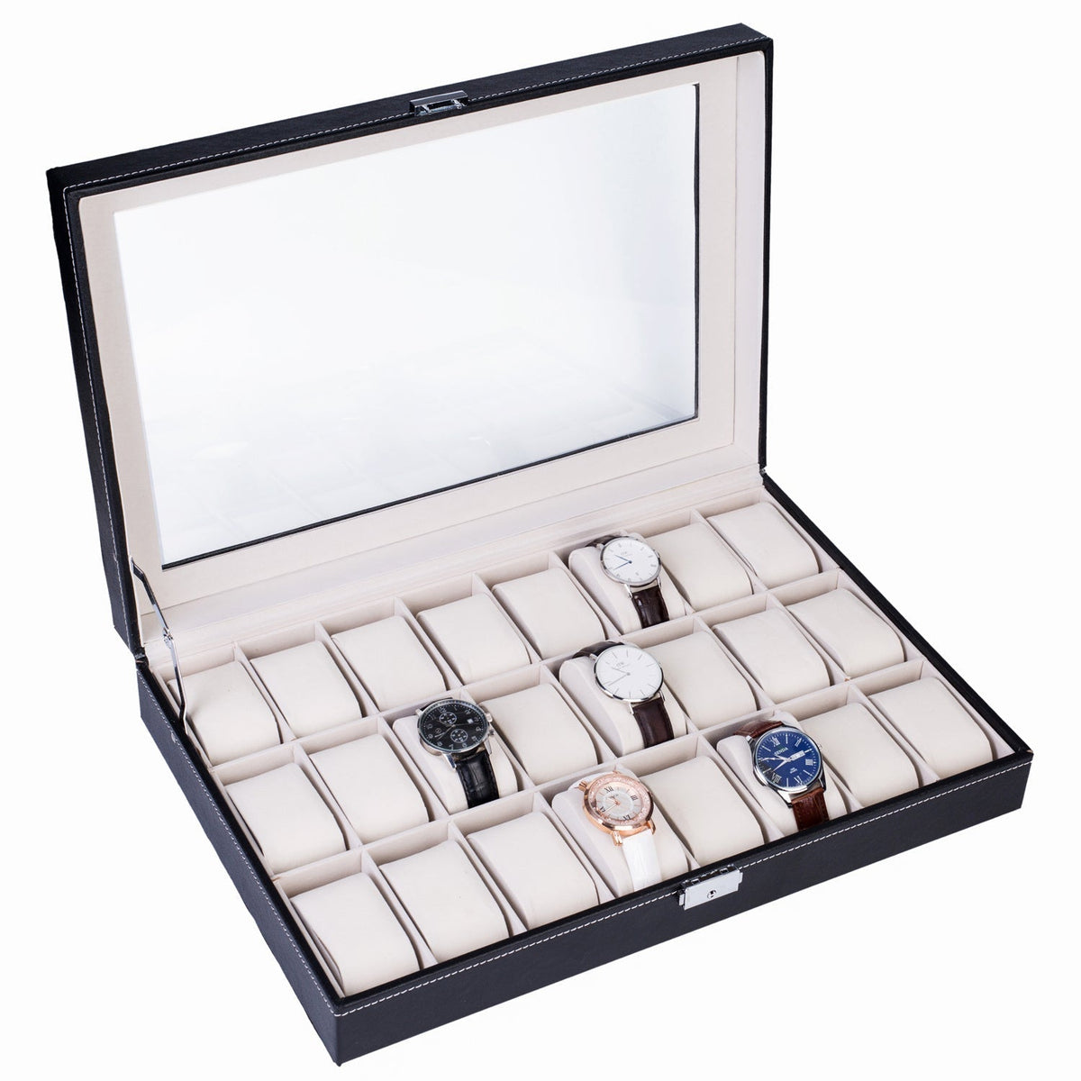 24-Slot Leather Watch Box Organizer – Large Capacity Watch Display Case with Top-Opening Lid, Lockable Storage for Men & Women, Elegant Black PU Leather Watch Collector Gift