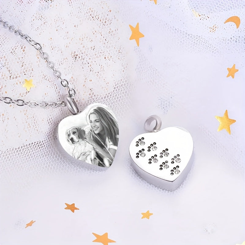 Personalized Pet Cremation Jewelry for Ashes - Custom Photo Urn Necklace with Paw Print Heart Pendant, Stainless Steel Memorial Locket for Dog & Cat Ashes, Includes Funnel Kit - Pet Loss Gift