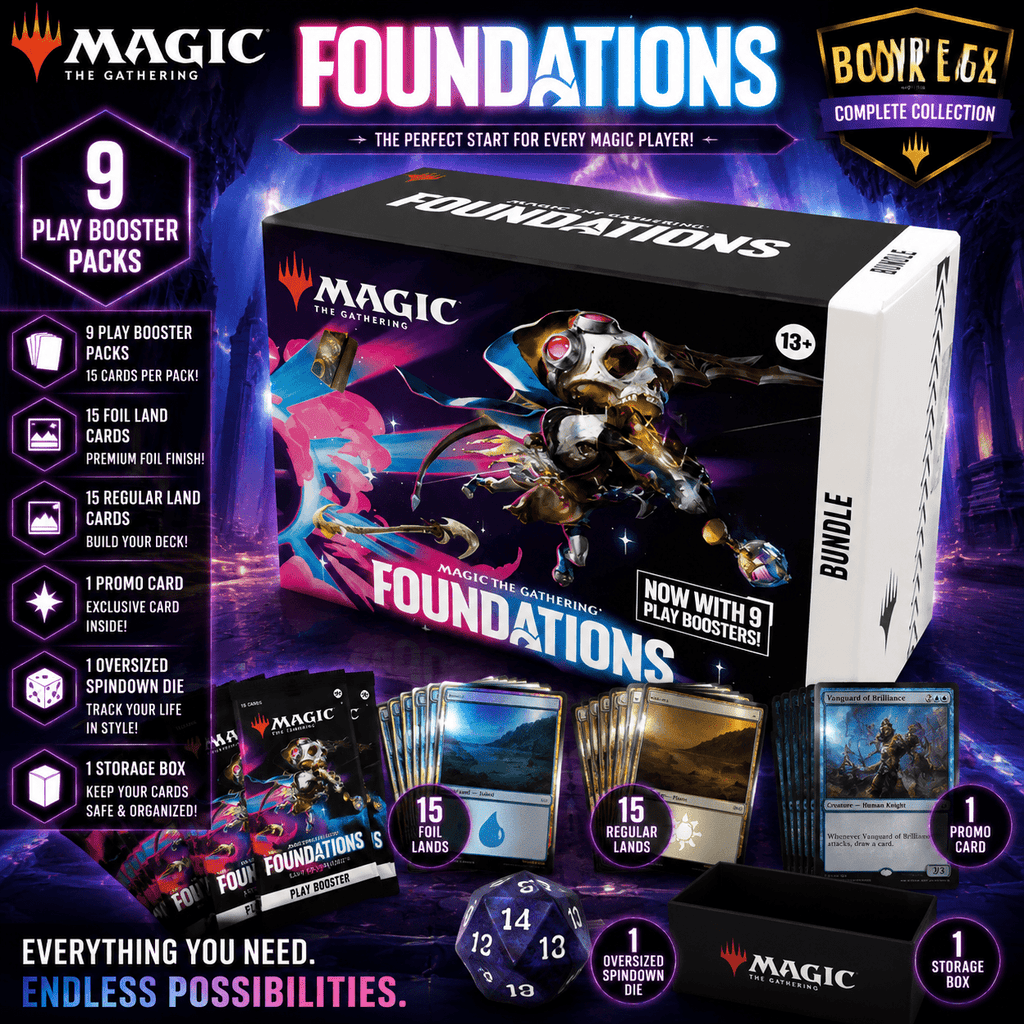 Magic: The Gathering Foundations Bundle Box – Factory Sealed MTG Set, 9 Play Booster Packs, Foil Lands, Promo Card, Spindown Die & Storage Box – Perfect Gift for MTG Players & Collectors