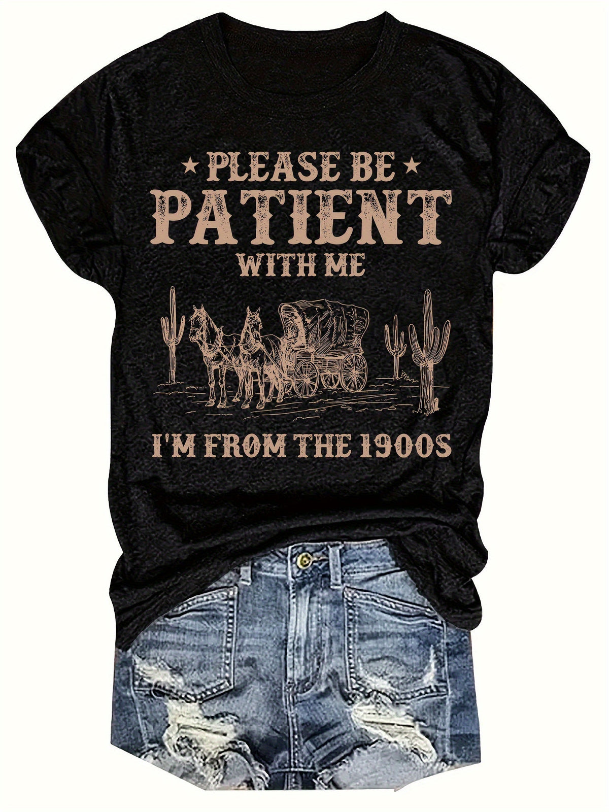 Please Be Patient With Me I'm From The 1900s Western Graphic Tee Women Funny Vintage Cowgirl Shirt Short Sleeve Crew Neck