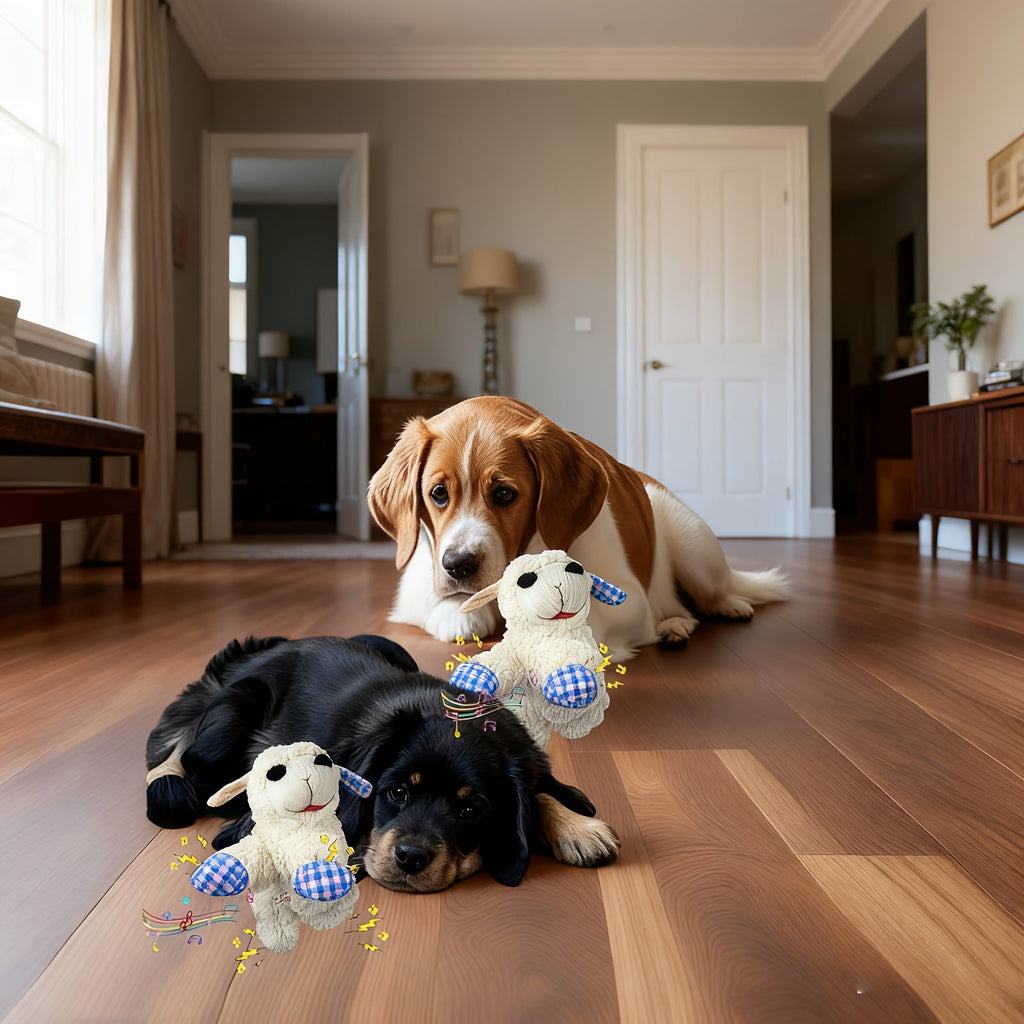 Squeaky Plush Dog Toy with 5 Built-In Squeakers – Calming Stuffed Pet Toy for Small & Medium Dogs, Blue & Red Checkered Fabric Design, Battery-Free No-Electric Anxiety Soothing Chew Toy for Gentle Breeds