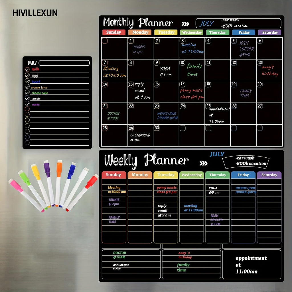 Hivillexun Black Magnetic Dry Erase Board Set of 3 – Monthly, Weekly & Daily Planner Boards for Refrigerator & Wall, Family Organizer Calendar with 8 Dry Erase Markers Included