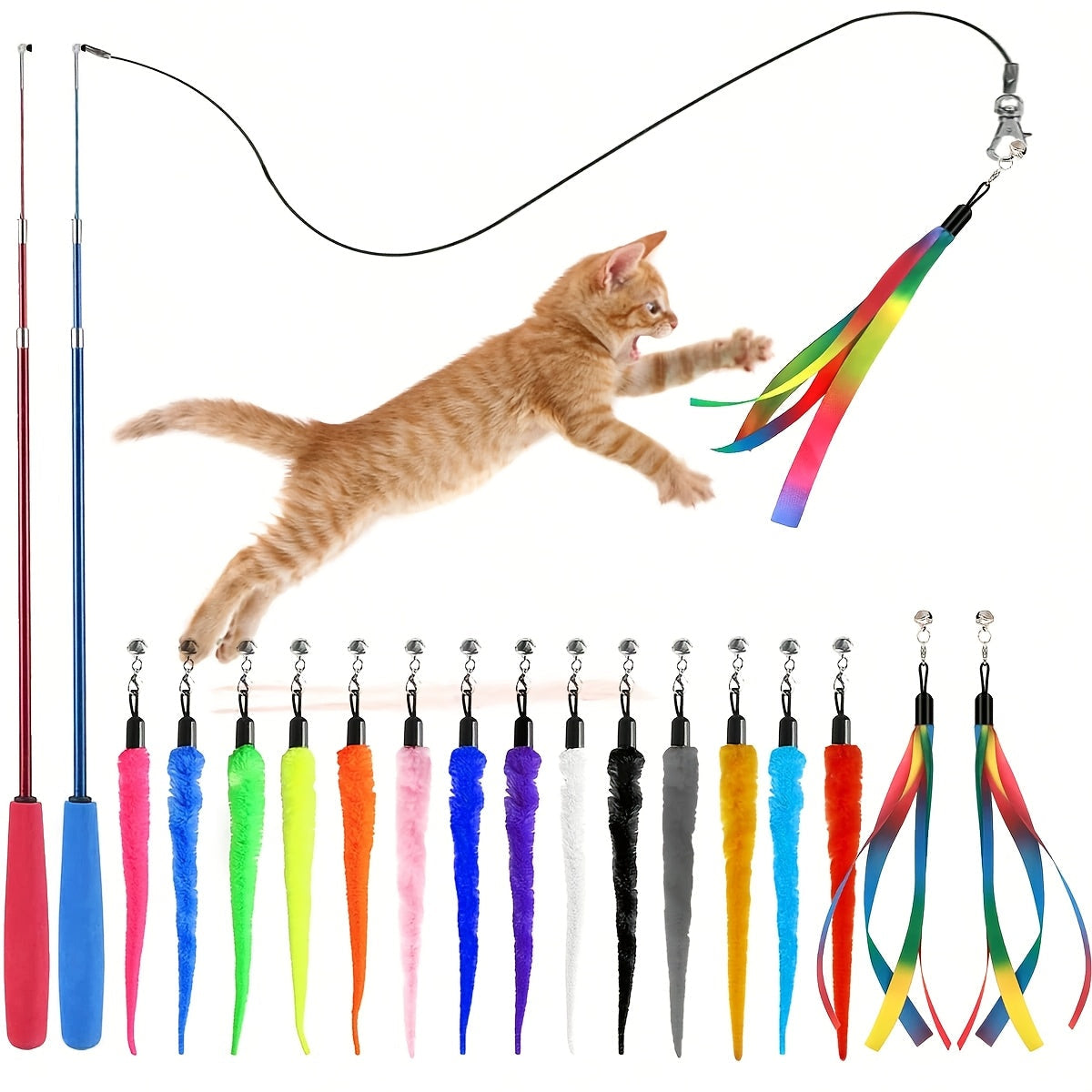 Interactive Cat Teaser Wand Toy Set 8pcs – Retractable Wand with 5 Fuzzy Worm Refills & 2 Ribbon Refills, Detachable Bell, No Battery Needed, Suitable for All Cats & Kittens