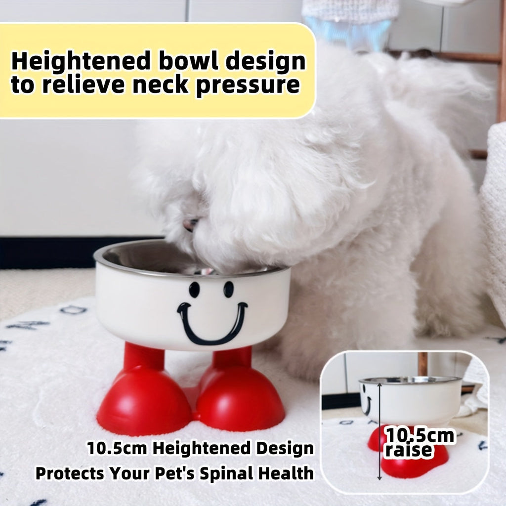 Elevated Stainless Steel Cat & Dog Bowl with Cute Face Design – High-Legged Raised Pet Food Bowl, Anti-Tip Cervical Spine Protection, Non-Slip Cat Food Bowl and Dog Bowl for Indoor Pets