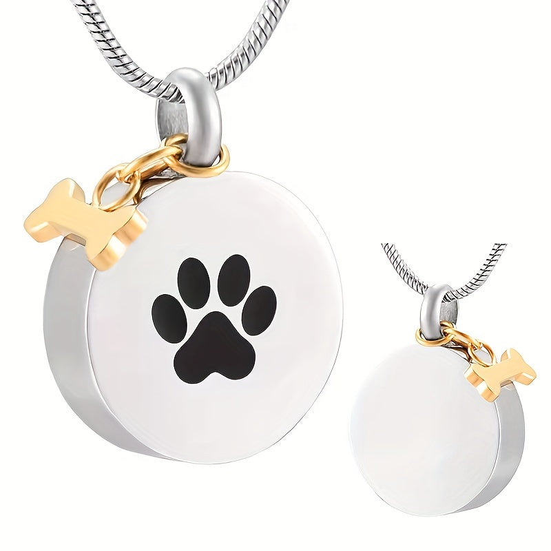 Pet Paw Print Urn Necklace for Ashes - Round Stainless Steel Keepsake Locket Pendant for Dog & Cat Memorial, Cremation Jewelry Ashes Holder for Pet Loss (Silvery)