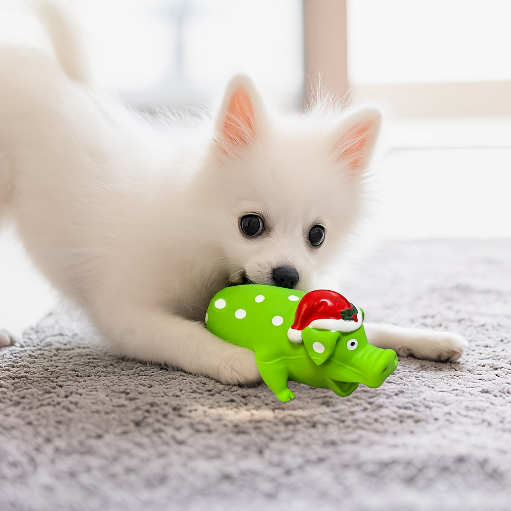 Christmas Pig Squeaky Dog Chew Toy - Durable Latex Polka Dot Design, Interactive Teeth Cleaning Toy for Small Medium & Large Dogs, Fun Holiday Pet Gift (No Battery Required)