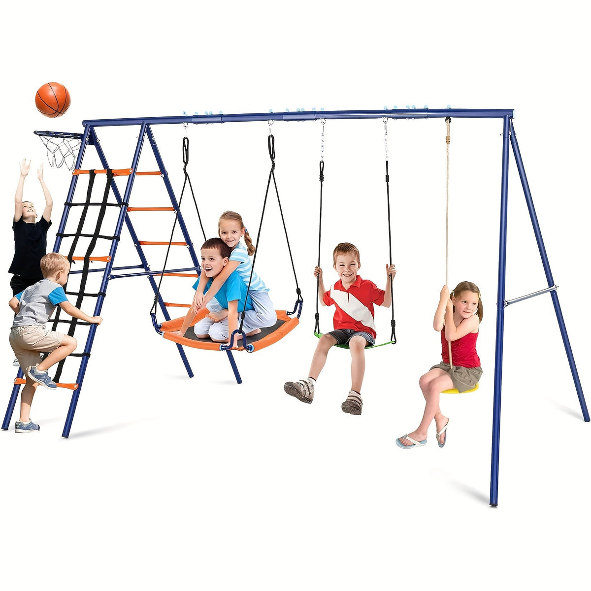 6-in-1 Outdoor Swing Set for Kids, 550LBS Heavy Duty A-Frame Backyard Swing Set with Adjustable Seats & Ground Stakes - Convertible Climbing Frame, Trapeze Bar & Multiple Attachments for Children Ages 3-12
