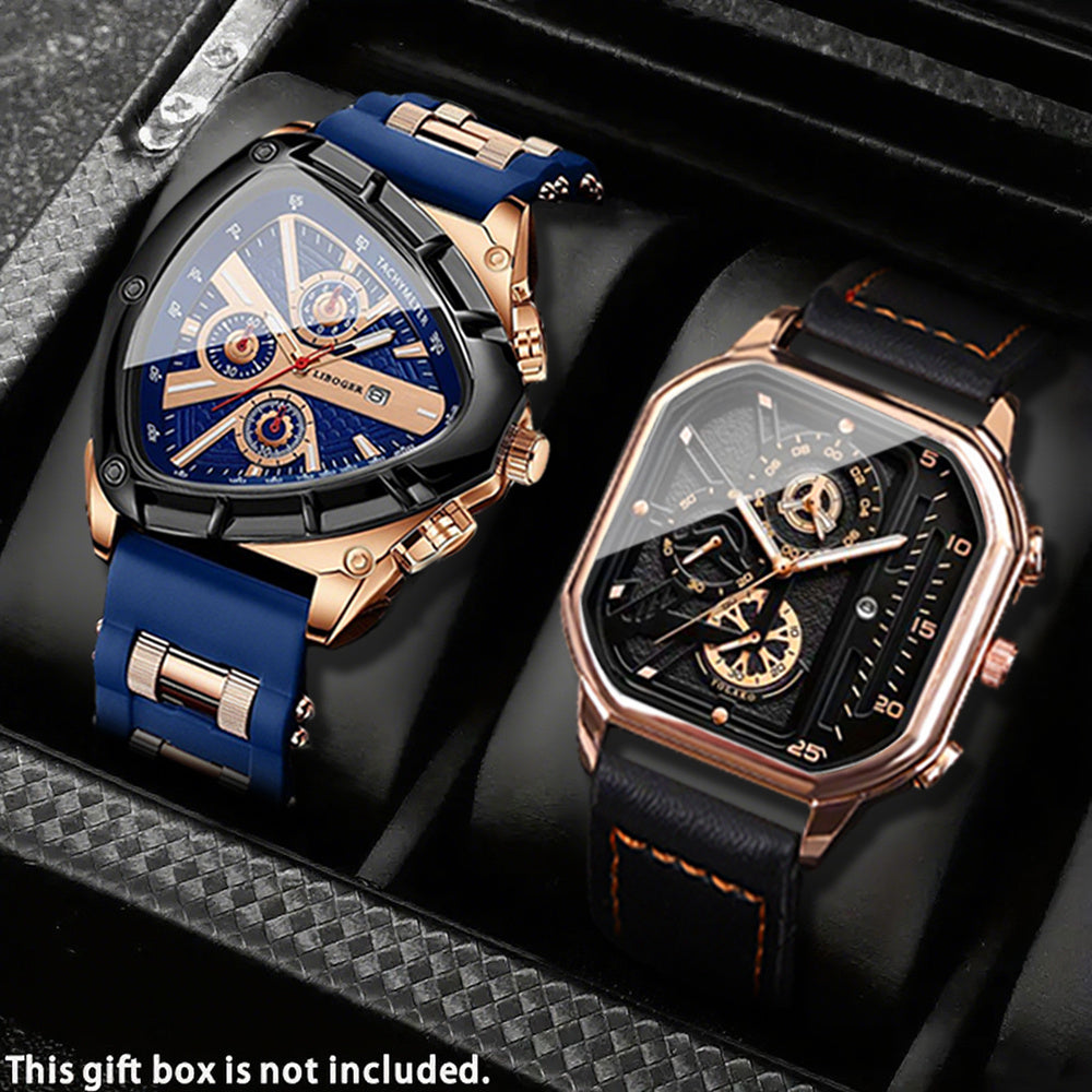 2pcs Men's Watch Set Sports Triangle Dial Silicone Strap and Retro Square Dial Quartz Watches with Date Display Dress Watch for Casual Valentine's Father's Day Gift