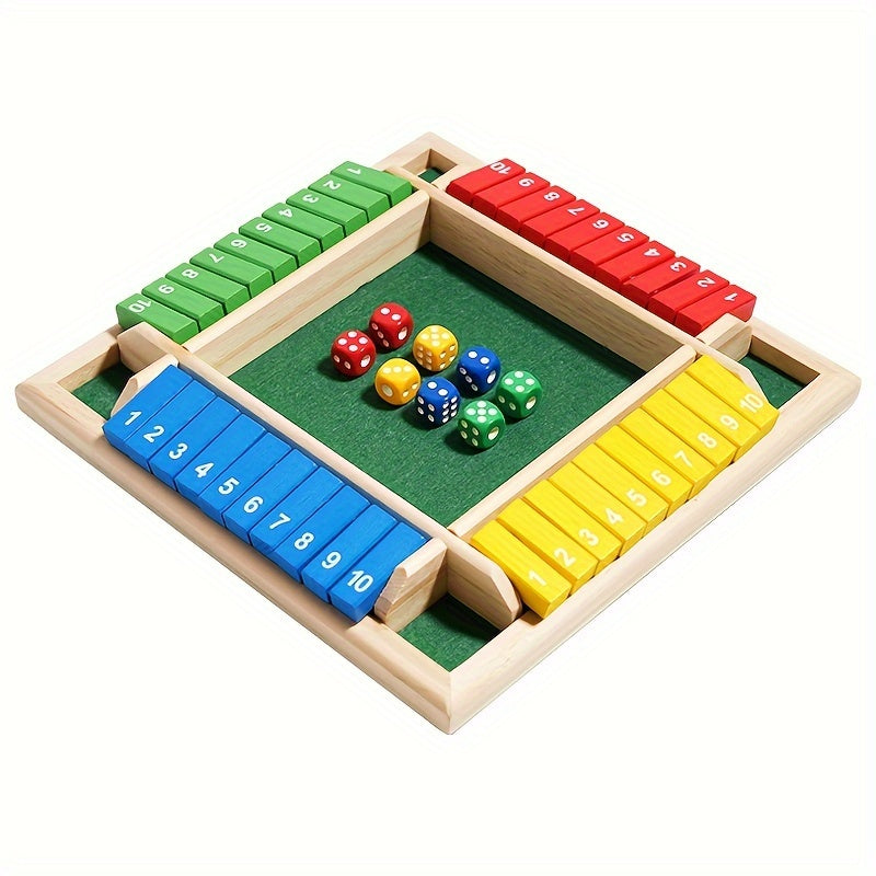 Wooden Number Dice Math Game – Four-Color Board with 8 Colorful Dice, Brain-Teasing Family Tabletop Toy, Party Game for Kids & Adults