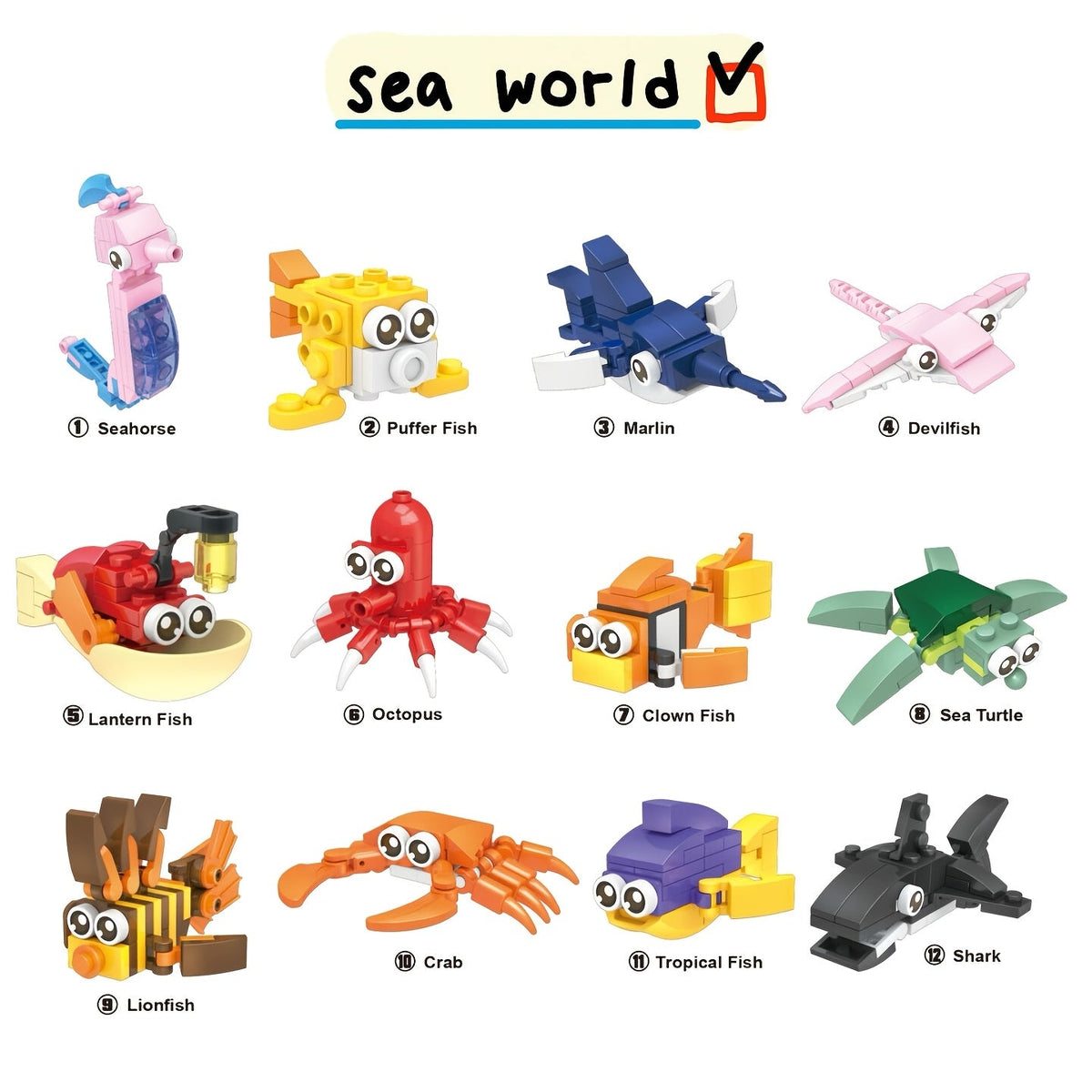 Ocean Animal Building Blocks Set for Kids 12pcs – Colorful Seahorse Octopus Crab Sea Turtle Lantern Fish Figures, Educational STEM Toy, Durable ABS Sea Creature Models, Fun Gift for Boys Girls Ages 3+