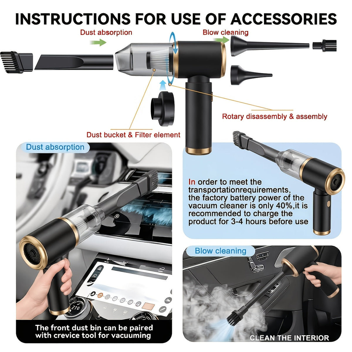 8000Pa Portable Car Vacuum Cleaner – Handheld Auto Vac with Blow & Suction Functions, Gap Cleaning Tools, High-Efficiency Strong Suction for Car, Office & Home Cleaning