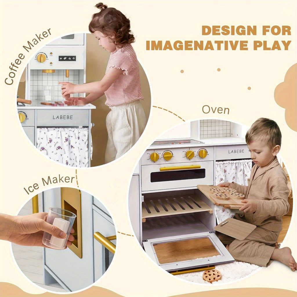 Kids Wooden Play Kitchen Set with Cookware & Accessories – Realistic Pretend Kitchen Playset with LED Stove Lights, Sounds, Microwave, Sink & 37.5" Spacious Design for Boys & Girls Ages 3-8