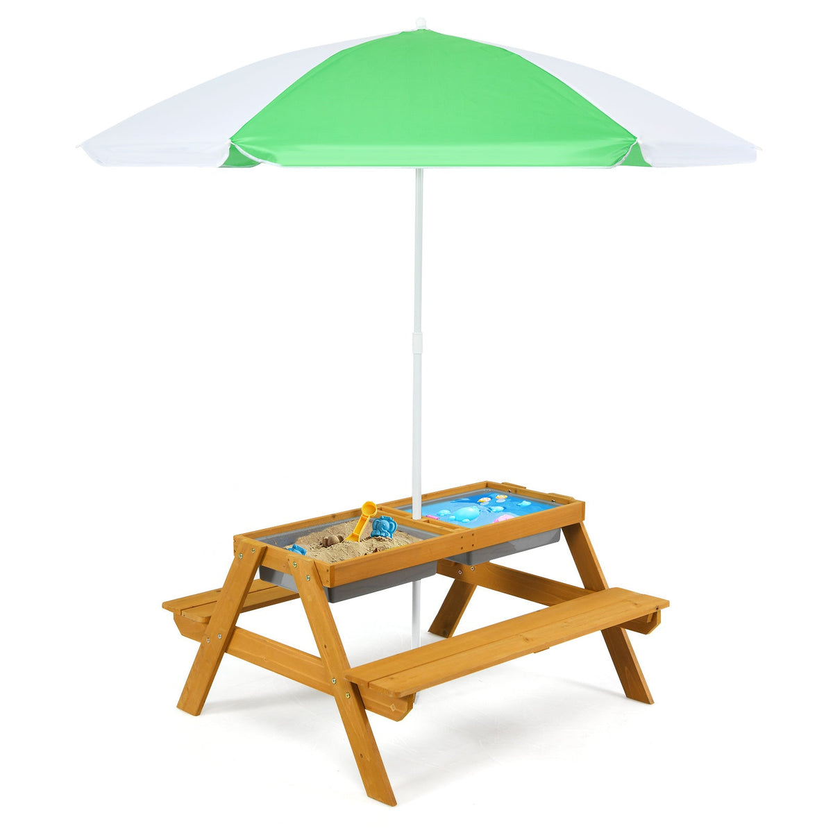 COSTWAY 3-in-1 Kids Picnic Table with Adjustable Umbrella – Wooden Sand & Water Activity Table, Removable Tabletop, 110 LB Capacity, Indoor Outdoor Playset for Garden Yard, Natural