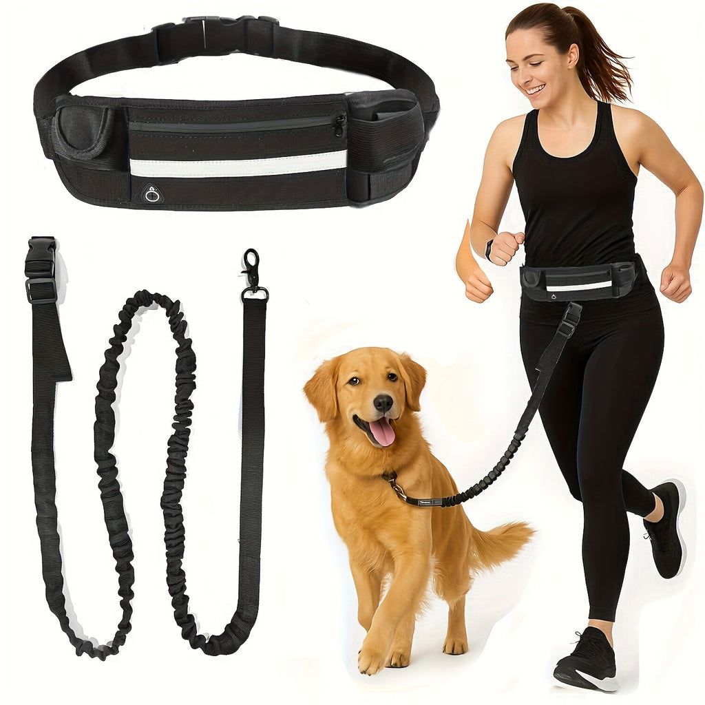 Hands-Free Dog Leash with Zipper Pouch & Dual Padded Handles – Shock-Absorbing Bungee Traction Rope for Walking, Jogging & Running Training, Waist Dog Lead for Active Pet Owners