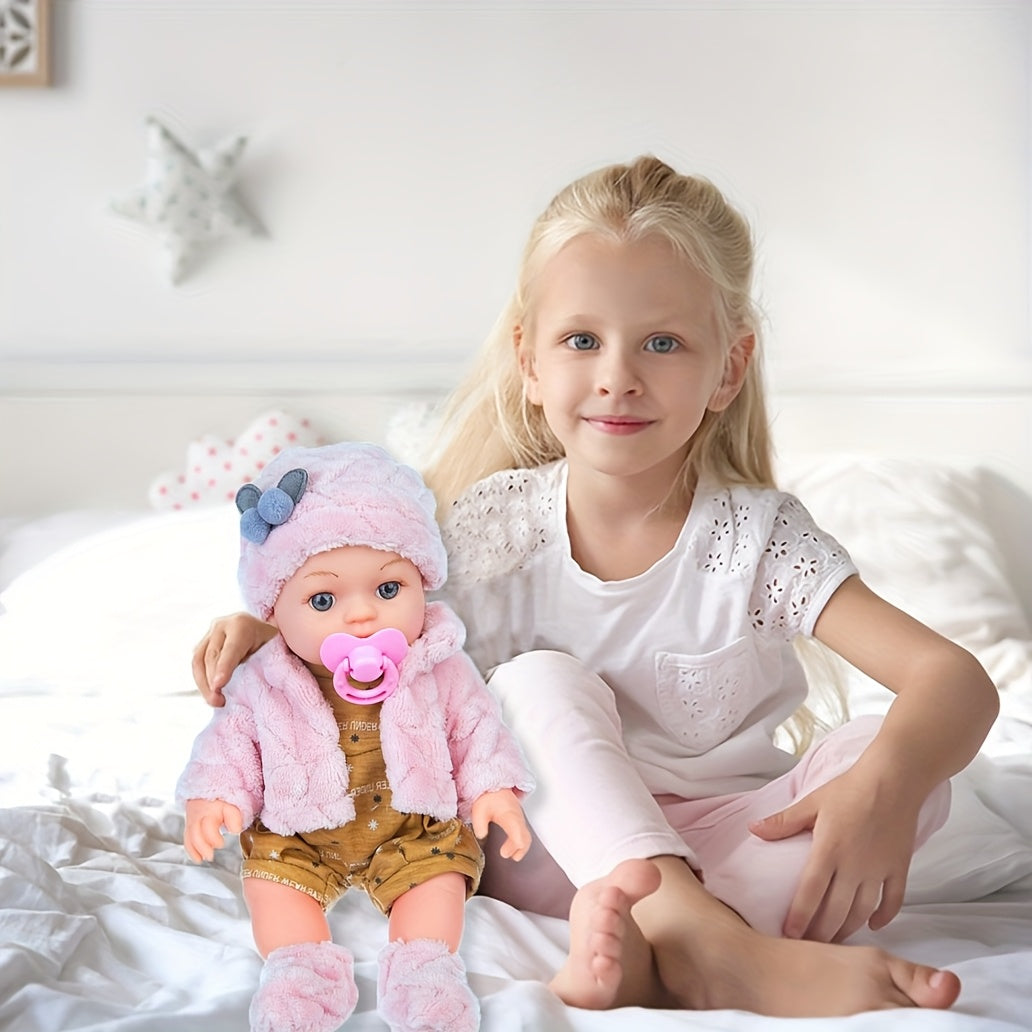 12 Inch Reborn Baby Doll Pink Plush Clothes Soft Body Newborn Doll with Hat Socks Pacifier Realistic Lifelike Baby Toy for Girls Toddlers Birthday Christmas Festival Gift