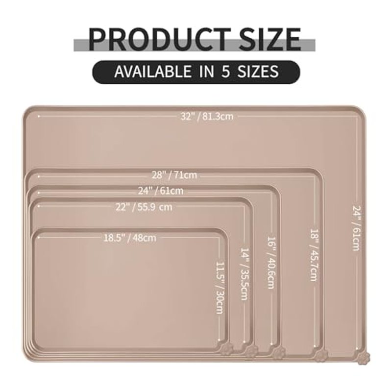 Silicone Pet Feeding Mat 18.5x11.5 Inch - Waterproof Non-Slip Dog & Cat Food Bowl Placemat, Easy-Clean Raised Edge Spill Mat for Messy Eaters, Dishwasher Safe, Taupe