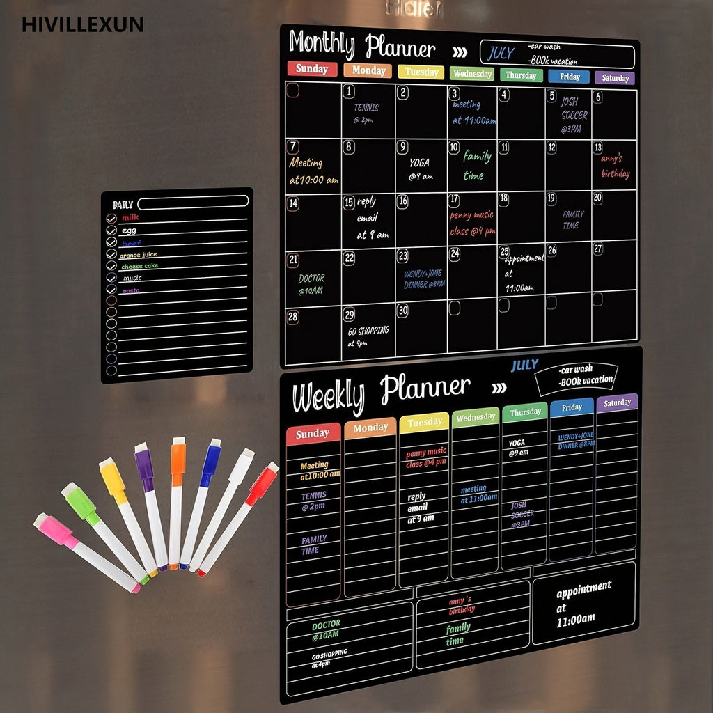 Hivillexun Black Magnetic Dry Erase Board Set of 3 – Monthly, Weekly & Daily Planner Boards for Refrigerator & Wall, Family Organizer Calendar with 8 Dry Erase Markers Included