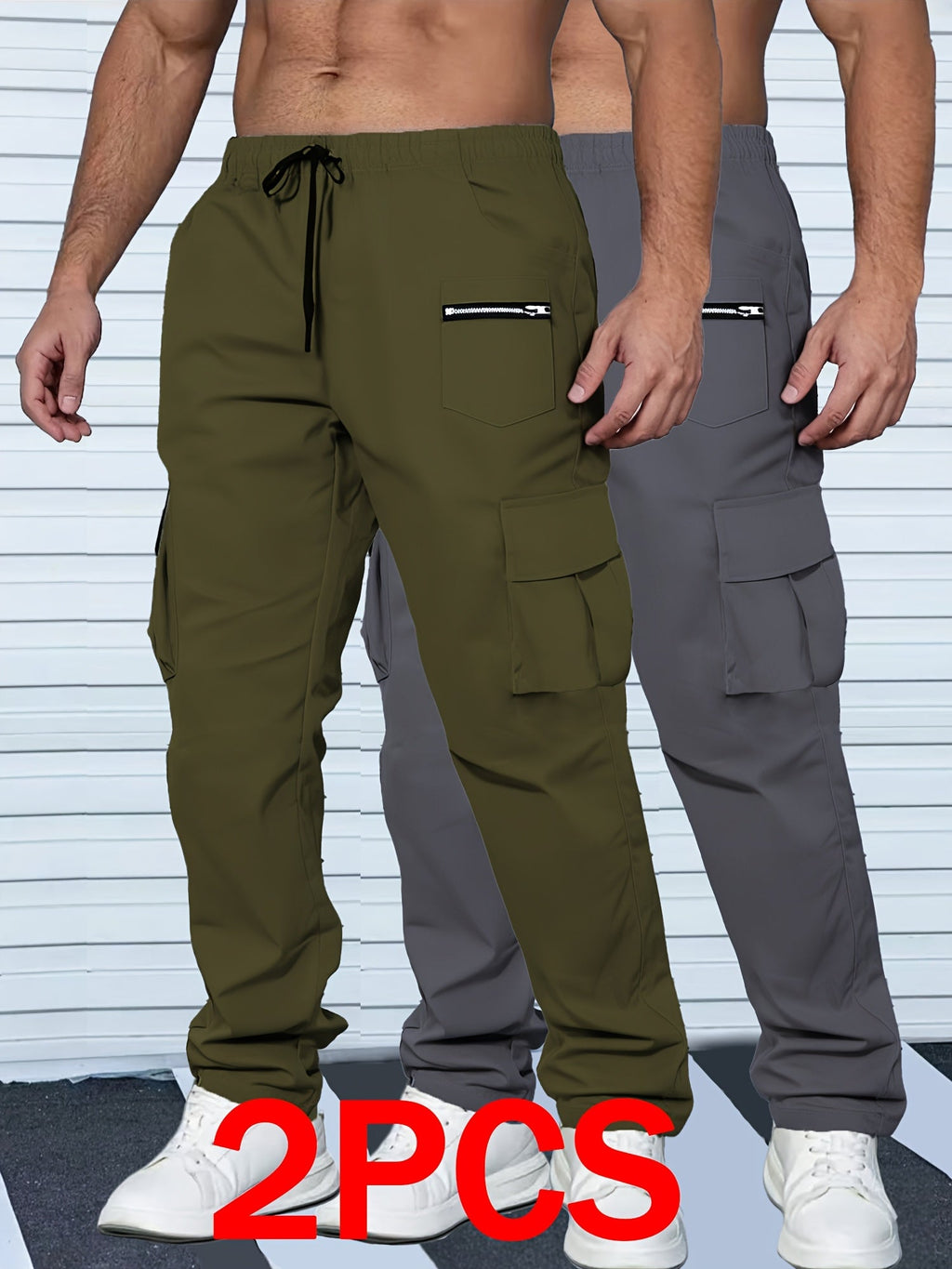 Men's Cargo Pants 2-Pack Multi-Pocket Elastic Waist Drawstring Hiking Trousers Breathable Loose Straight Fit All Season Black Khaki Dark Grey Sizes S-XXL