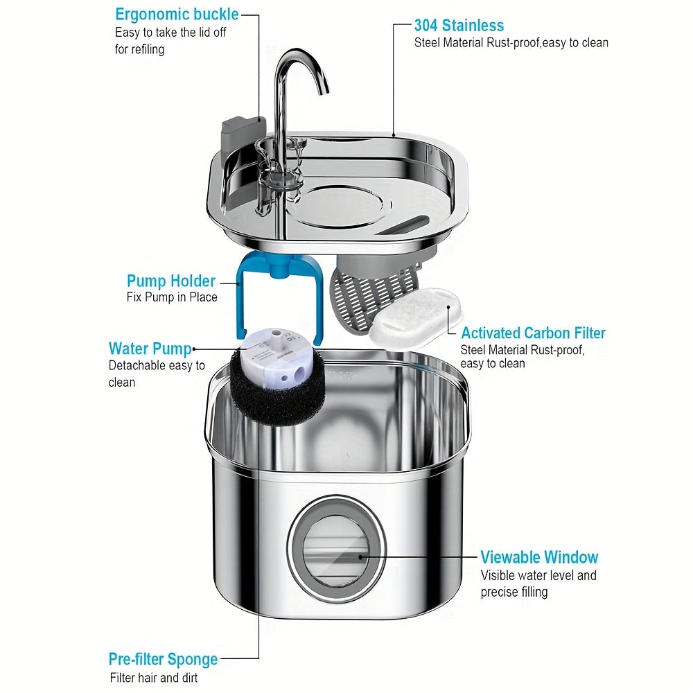 Stainless Steel Pet Water Fountain 108oz/3.2L - USB Quiet Automatic Cat Dog Drinking Fountain with 4 Filter Cartridges & Water Level Indicator - Large Capacity Pet Water Dispenser for Cats & Small Dogs