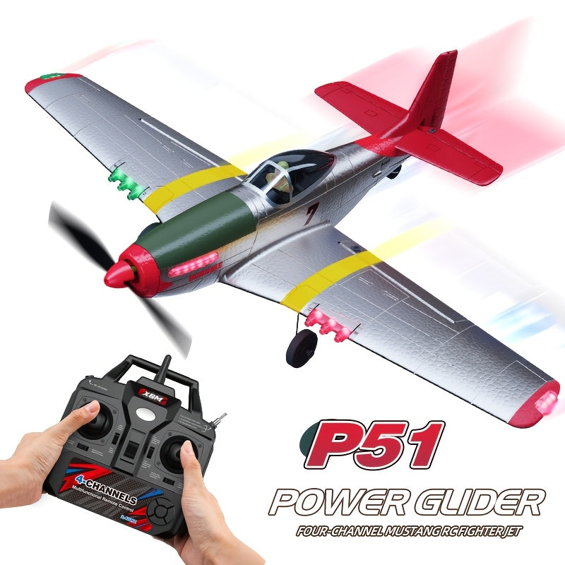 P51 Mustang RC Plane 4-Channel Ready-to-Fly Fighter Jet with 6-Axis Gyroscope, 3D Aerobatic Mode, LED Lights, 2.4GHz Remote Control Electric Airplane – RTF Beginner RC Fixed Wing with 2 Batteries