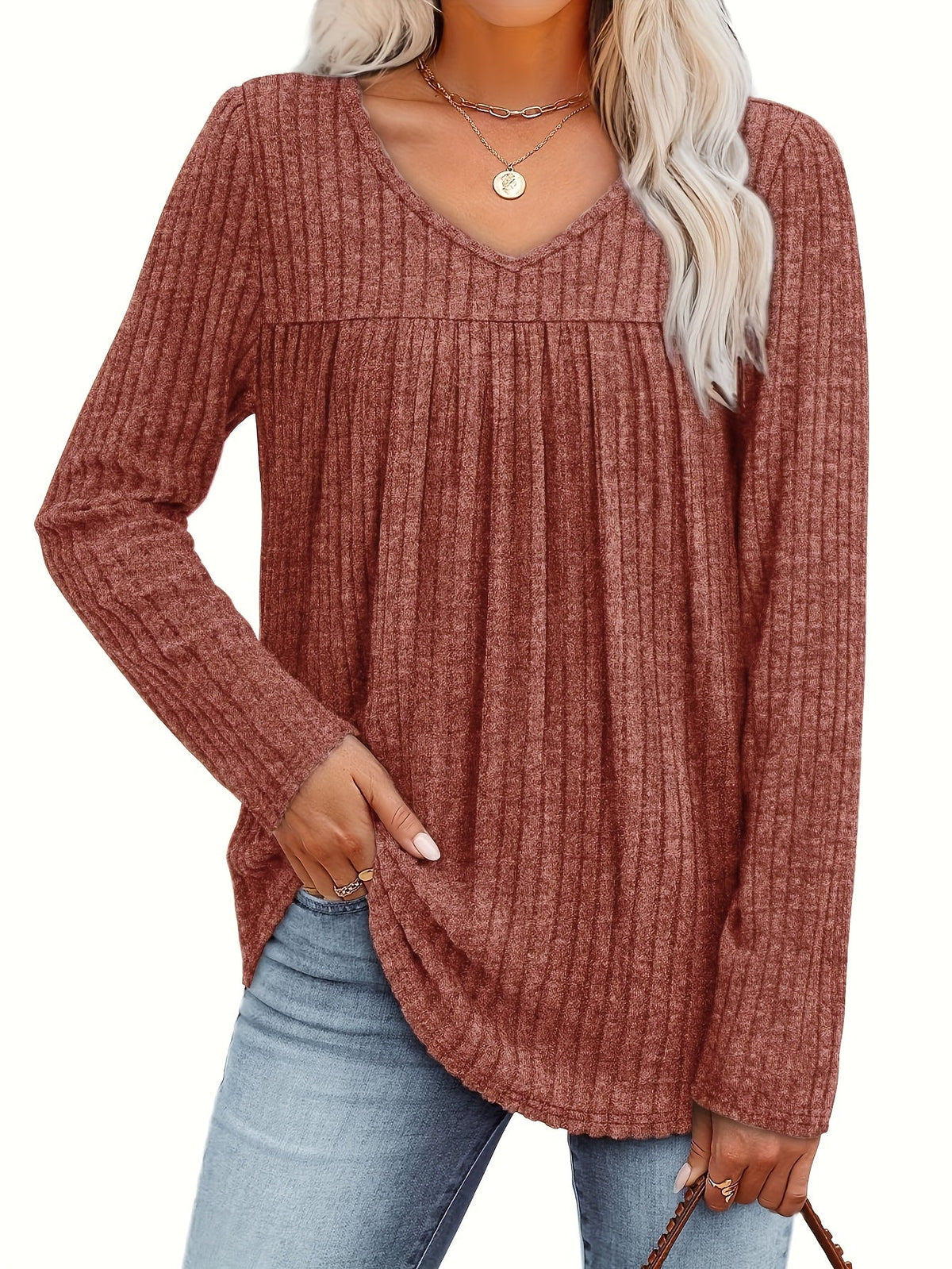 Women's V-Neck Long Sleeve Pullover Top – Lightweight Casual Front Pleat Blouse for Women, Elegant Loose Fit Dressy Shirt, Multiple Colors, Sizes S-XXL