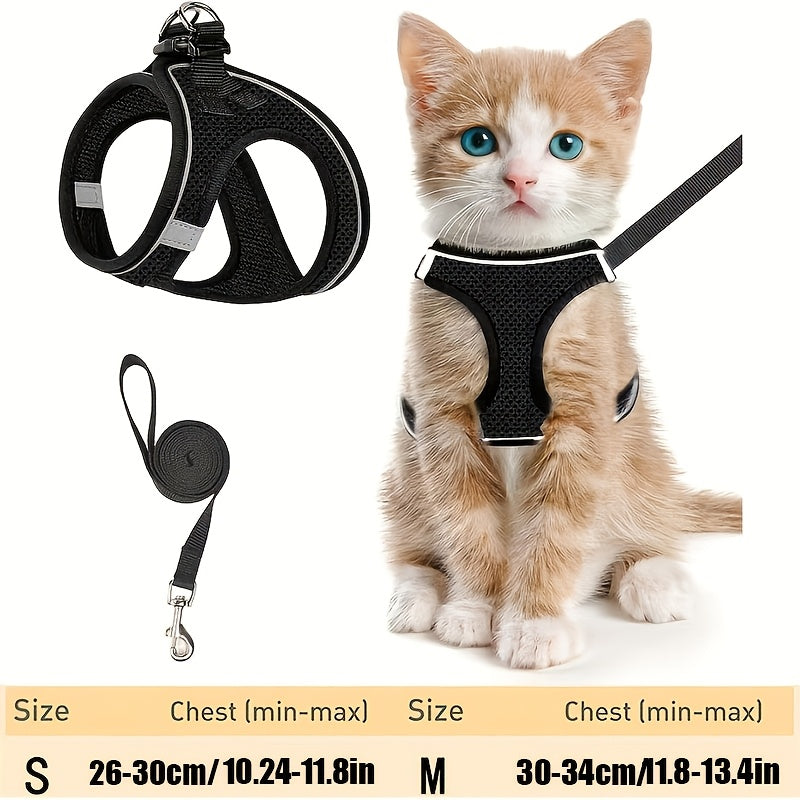 Escape-Proof Cat Harness and Leash Set for Kittens - Reflective Soft Mesh Vest Harness for Safe Outdoor Walks, Adjustable Breathable Cat Walking Jacket, Black & Pink, Size S