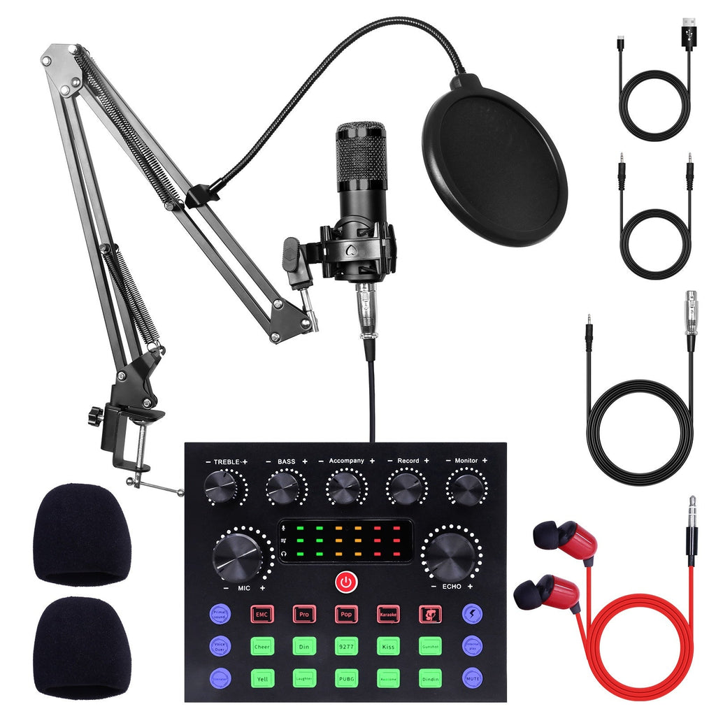 BM-800 Podcast Recording Studio Bundle with Live Sound Card, Voice Changer & Earphones – Complete Audio Interface Kit for Streaming, Vlogging & Live Broadcast, Multiple Models Available