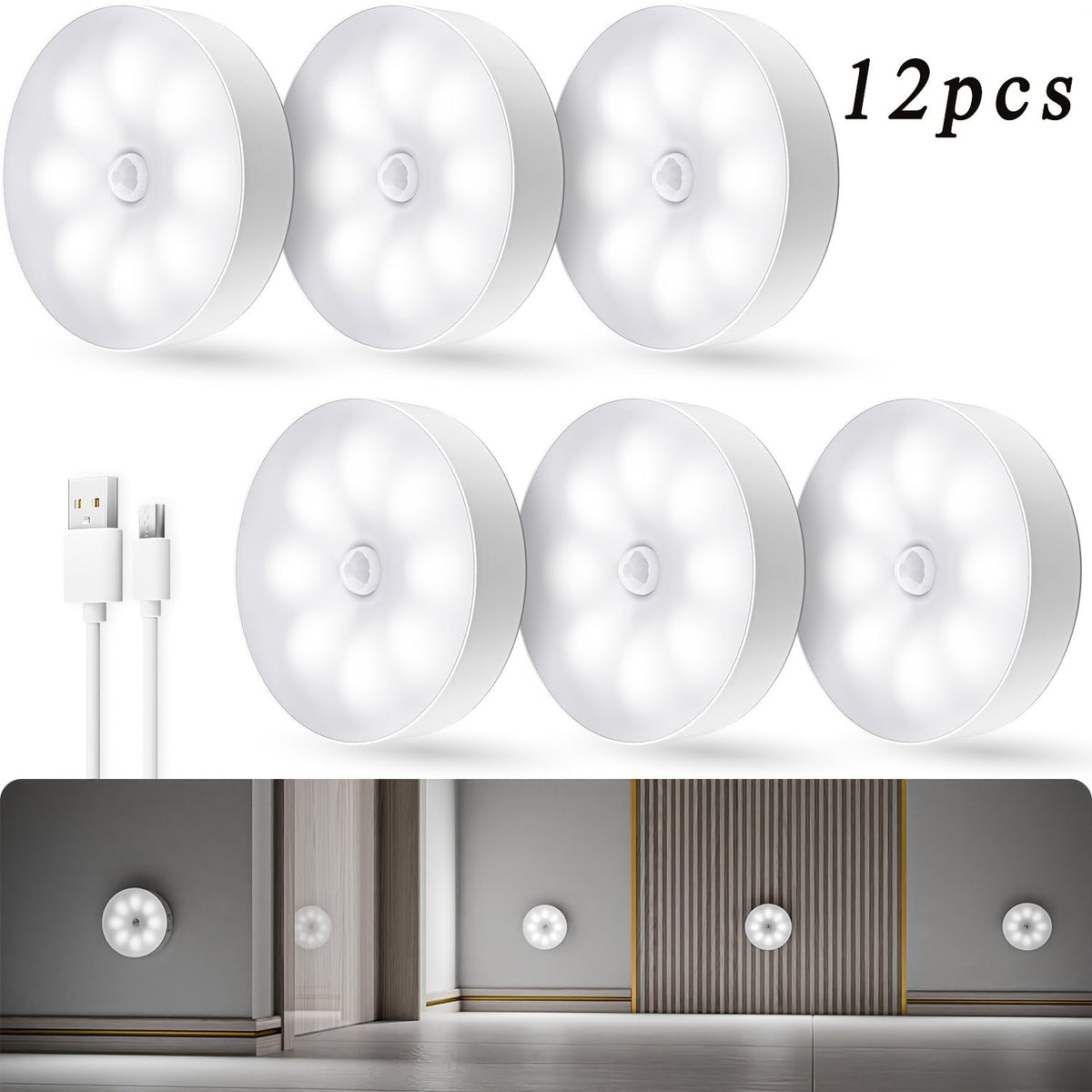 LED Motion Sensor Night Lights USB Rechargeable Wireless Wall Lamp Dual Mode Adjustable Brightness Magnetic Mount Under Cabinet Lighting for Kitchen Hallway Stairs Closet 6 or 12 Pack