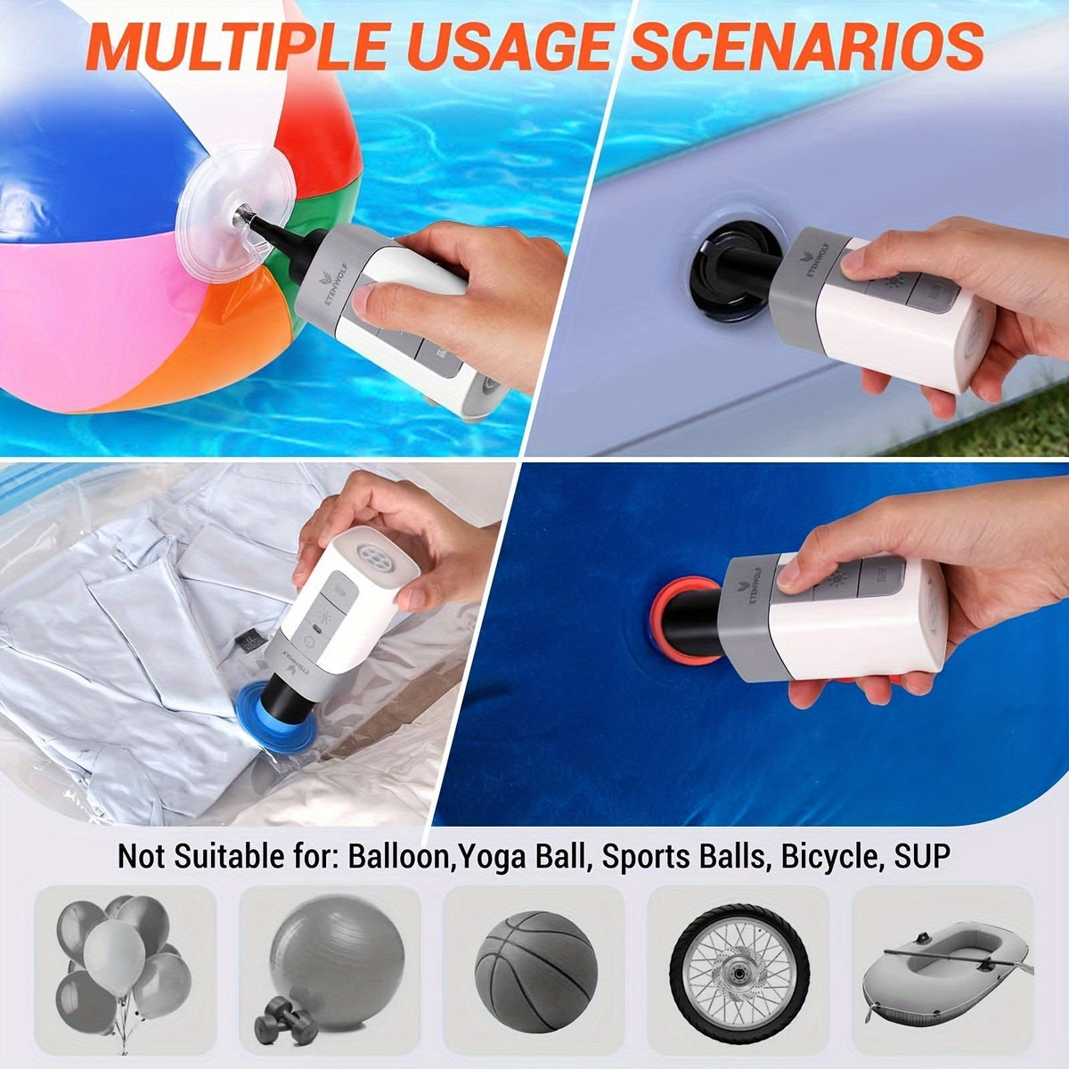 Portable Electric Air Pump 3200mAh – Fast Inflation & Deflation, Air Compressor for Air Mattresses, Pool Floats, Swimming Rings & Storage Bags, Compact Lightweight with Backpack Attachment for Camping & Outdoor
