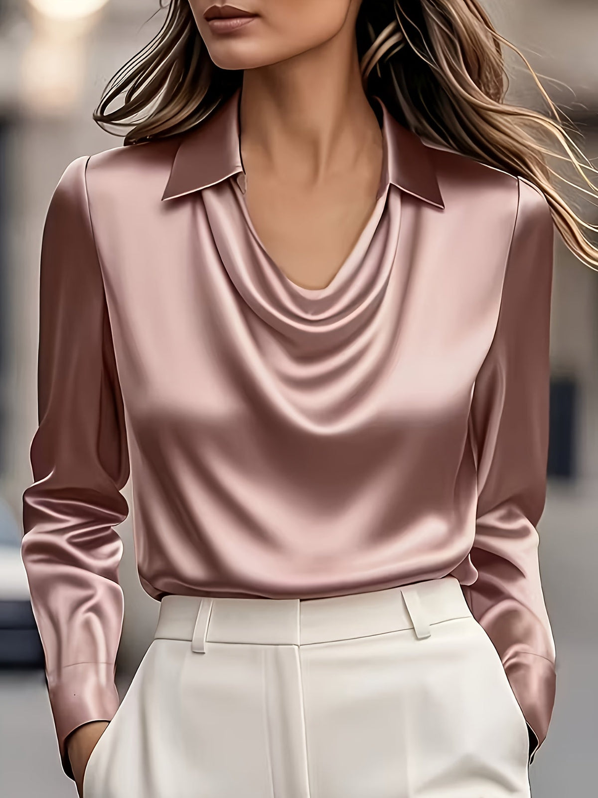 Women's Solid Swing Neck Shirt Loose Stand Up Collar Top Champagne Pink Rouge Blue Burgundy Sizes S M L XL XXL Casual Blouse