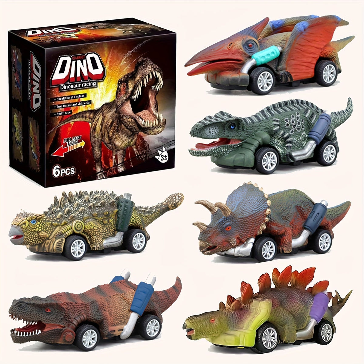 Dinosaur Pull-Back Toy Cars for Kids 6pcs – Manual Dinosaur Vehicle Playset, No Battery ABS Plastic Dino Friction Cars, Easter Basket Stuffers, Birthday Party Favors, Gift for Boys Girls Ages 3 4 5 6+