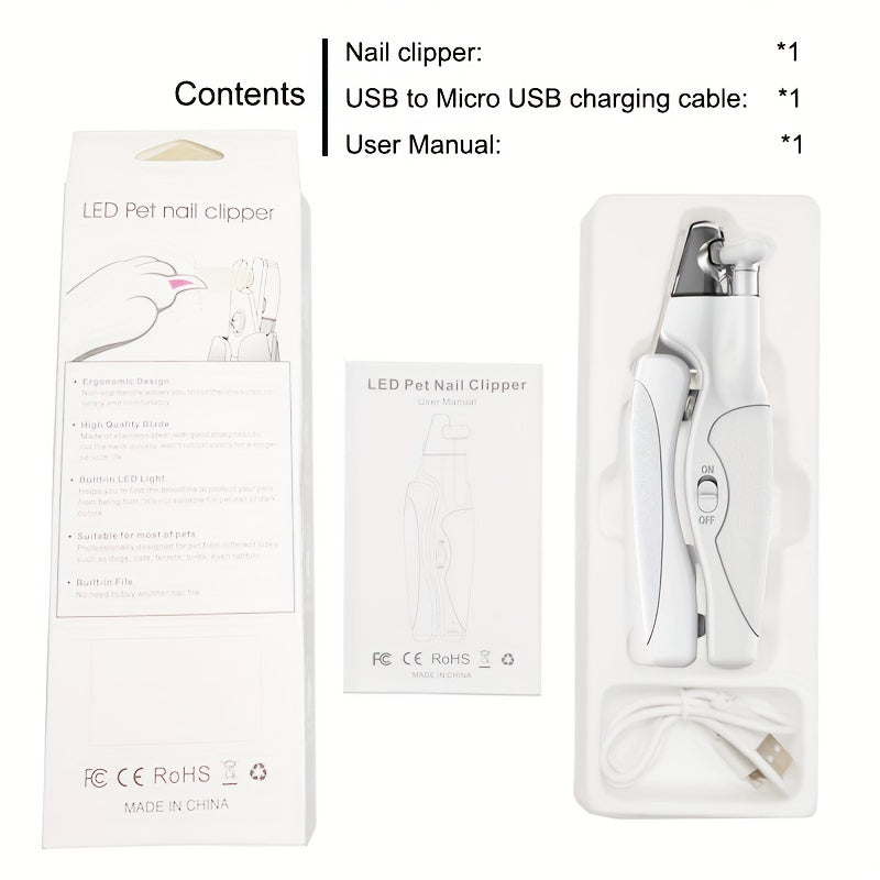 LED Pet Nail Clippers USB Rechargeable – Cat & Dog Nail Scissors with Built-In Light, Nail File & Anti-Splash Guard, Professional Precision Grooming Tool for Safe At-Home Pet Nail Trimming