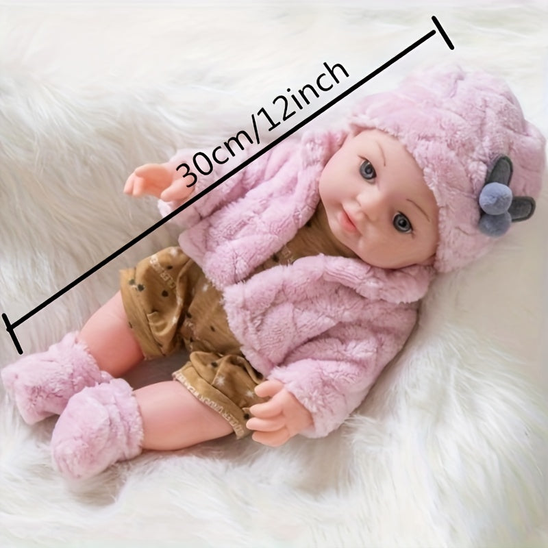 12 Inch Reborn Baby Doll Pink Plush Clothes Soft Body Newborn Doll with Hat Socks Pacifier Realistic Lifelike Baby Toy for Girls Toddlers Birthday Christmas Festival Gift