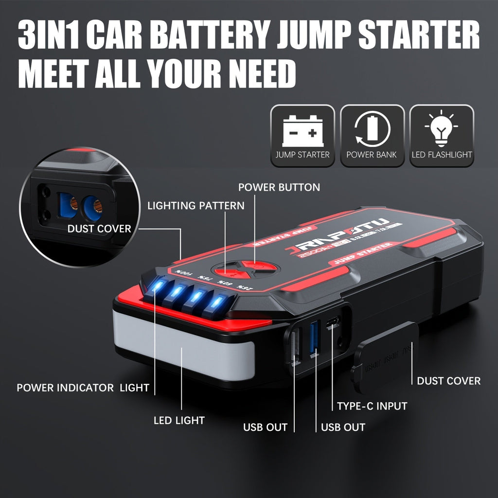 Portable Car Jump Starter 2500A Peak | 8000mAh-10000mAh 12V Battery Booster Pack, Up to 30 Starts, USB Charging Ports & LED Flashlight – Fits Gas 7.0L & Diesel 8.0L Engines, Trucks, SUVs, Motorcycles
