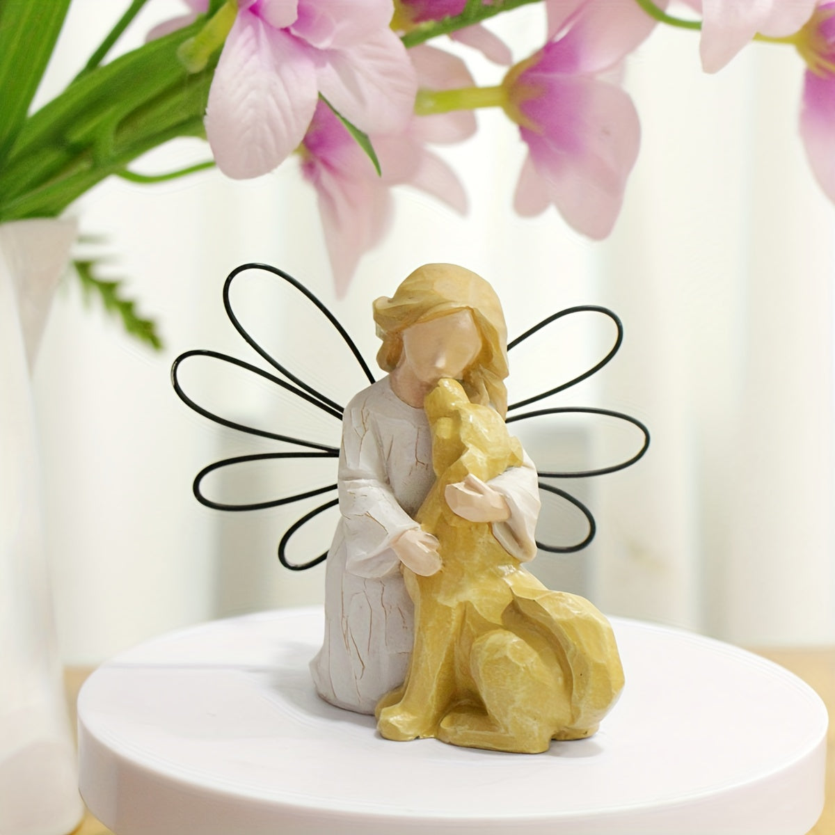 Angel Embracing Dog Memorial Resin Statue – Healing Pet Loss Figurine, Indoor Home Decor for Living Room, Dog Remembrance & Anniversary Gift – Wooden Carved Angel & Dog Design
