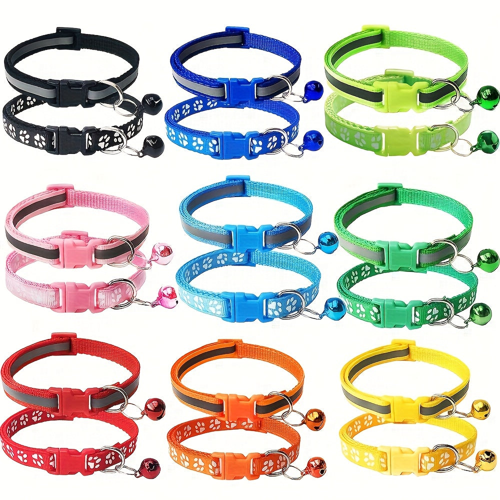 Reflective Pet Collar with Bell 2pcs Set - Adjustable Striped Polyester Cat & Dog Collar with Paw Print Design, Safety Breakaway Buckle, 10 Colors for Small Dogs and Cats, One Size