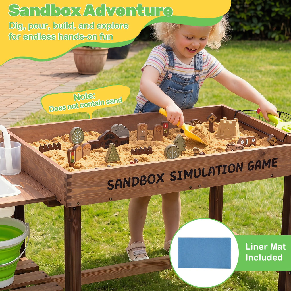 Kids Wood Sensory Sand and Water Activity Table with Sink Water Pump 33 Sand Toys Rake Shovel Indoor Outdoor Sandcastle Building Toddler Learning Sensory Play Gift for Boys Girls Ages 3 Plus