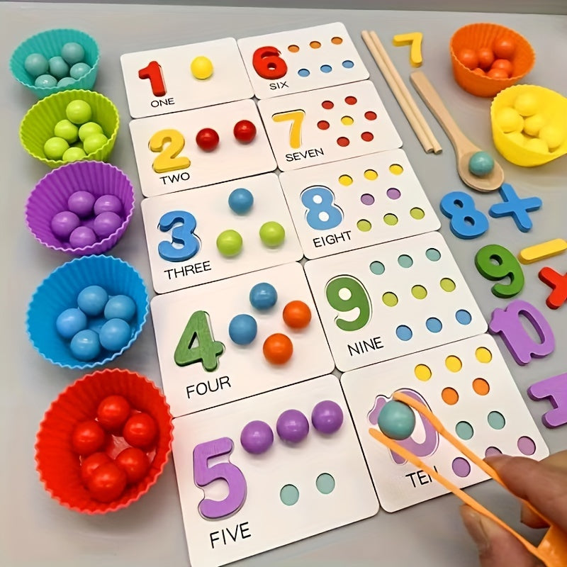 Wooden Number Counting Math Learning Toy Set with Colored Beads Matching Cards Cognitive Skills Clutch Bead Operation Training for Boys Girls Ages 3+ Birthday Christmas Gift