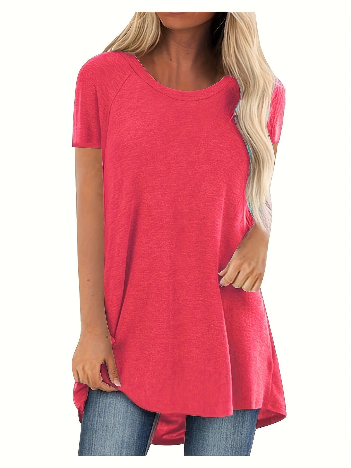 Women's Longline Raglan Short Sleeve T-Shirt – Solid Color Loose Fit Dipped Hem Knit Top in 15 Colors, 35% Viscose 60% Polyester 5% Elastane