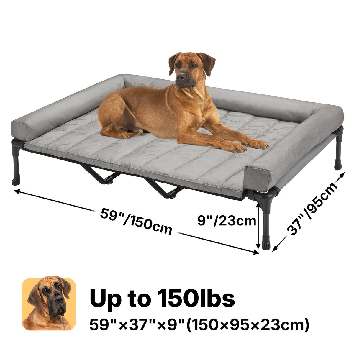 Cooling Elevated Dog Bed with Removable Pillow-Top Mat – Raised Bolster Dog Cot with Breathable Mesh Non-Slip Feet Dog Sofa Bed for Indoor & Outdoor Use