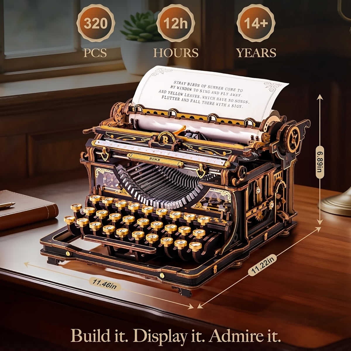 ROBOTIME 3D Wooden Mechanical Typewriter Model Kit - Vintage Retro Assembly Puzzle for Adults & Teens 14+, DIY Wood Craft Desktop Decor | Unique Gift Idea for Home Office | Black Gold & Fairy Tale Edition