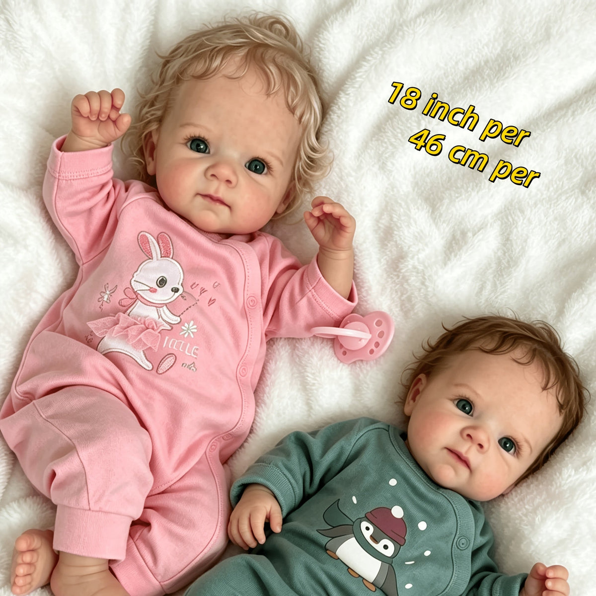 Lifelooking 18-Inch Reborn Baby Twins Set – Realistic Newborn Dolls with Soft Full Vinyl Body, Implanted Curly Hair, Pacifiers, Diapers & Birth Certificates, Role Play Gift for Kids Ages 3+