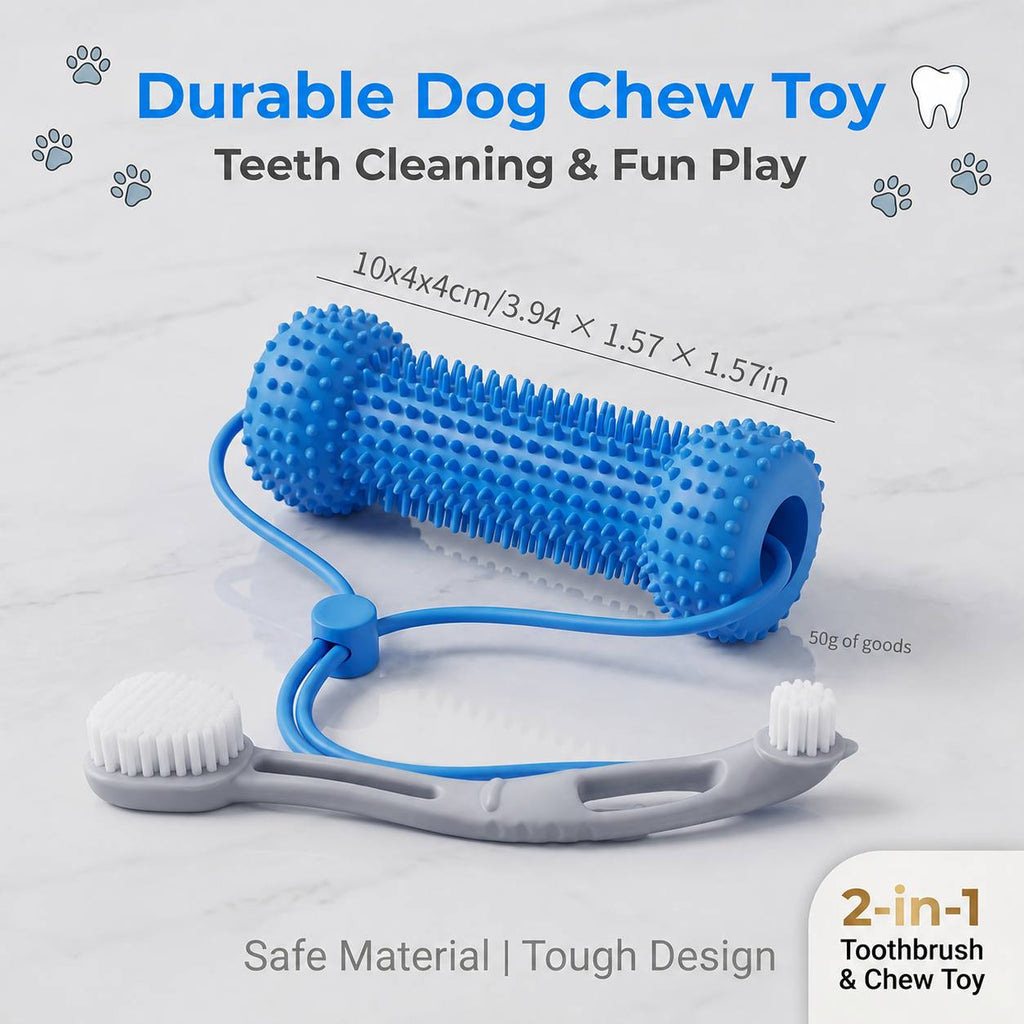 Dog Teething Chew Stick and Teeth Cleaning Brush Set 2 Pack - Durable Chewable Dog Toothbrush with Mouth-Open Strap for Easy Brushing, Dual-Purpose Dental Care Toy for Dogs, Random Color
