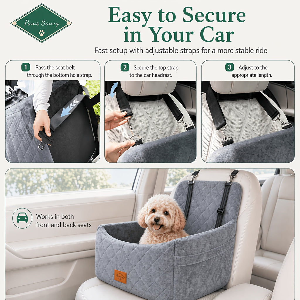Dog Car Booster Seat with Safety Strap – Cozy Elevated Travel Bed for Small & Medium Dogs, Stable Non-Slip Design, Easy to Clean, 8 Colors Available